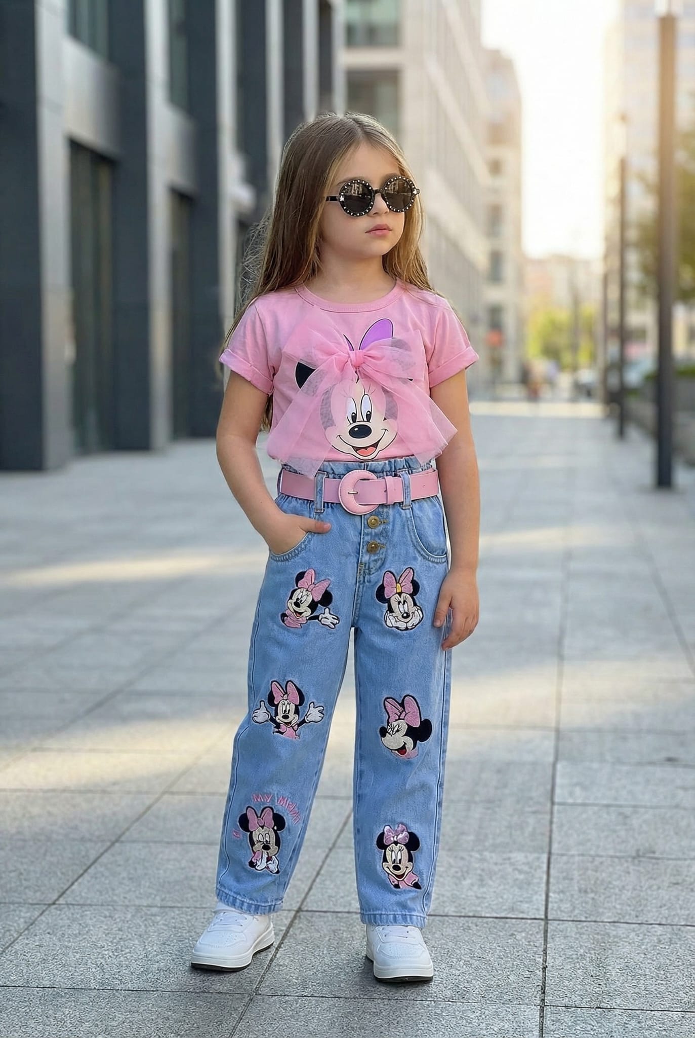 Minnie Mouse Nakışlı Kemerli Kot Takımı Tül Detaylı ve Pembe Tişört